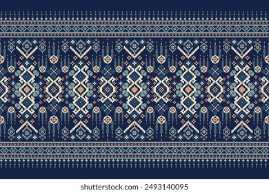 Floral Cross Stitch design pattern on navy blue background.geometric ethnic oriental embroidery traditional.Aztec style,abstract background vector illustration.design for texture,fabric,clothing,print