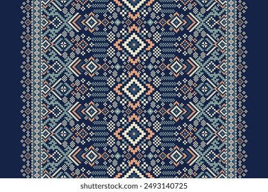 Floral Cross Stitch design pattern on navy blue background.geometric ethnic oriental embroidery traditional.Aztec style,abstract background vector illustration.design for texture,fabric,clothing,print