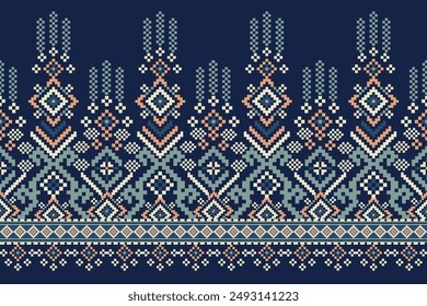 Floral Cross Stitch design pattern on navy blue background.geometric ethnic oriental embroidery traditional.Aztec style,abstract background vector illustration.design for texture,fabric,clothing,print