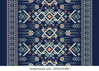 Floral Cross Stitch design pattern on navy blue background.geometric ethnic oriental embroidery traditional.Aztec style,abstract background vector illustration.design for texture,fabric,clothing,print
