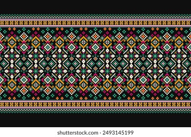 Patrón de diseño de punto de cruz floral en un fondo negro. bordado étnico geométrico oriental tradicional. Estilo azteca, Ilustración vectorial de fondo abstracto. Diseño para textura, tela, ropa, impresión.