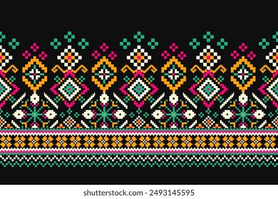 Floral Cross Stitch design pattern on black background.geometric ethnic oriental embroidery traditional.Aztec style,abstract background vector illustration.design for texture,fabric,clothing,print.