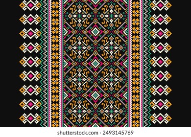 Floral Cross Stitch design pattern on black background.geometric ethnic oriental embroidery traditional.Aztec style,abstract background vector illustration.design for texture,fabric,clothing,print,scarf.