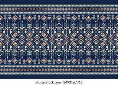 Floral Cross Stitch design pattern on navy blue background.geometric ethnic oriental embroidery traditional.Aztec style,abstract background vector illustration.design for texture,fabric,clothing,print