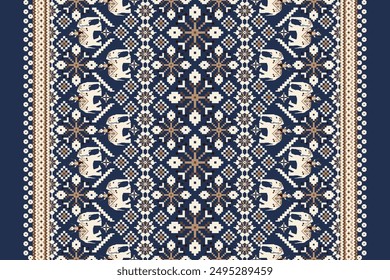 Floral Cross Stitch design pattern on navy blue background vector illustration.cross stitch oriental pattern.geometric ethnic embroidery traditional.design for texture,fabric,clothing,decoration,print