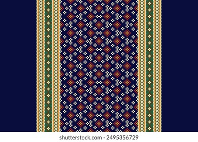 Floral Cross Stitch design pattern on navy blue background vector illustration.cross stitch oriental pattern.geometric ethnic embroidery traditional.design for texture,fabric,clothing,decoration,print