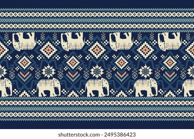 Floral Cross Stitch design pattern on navy blue background vector illustration.cross stitch oriental pattern.geometric ethnic embroidery traditional.design for texture,fabric,clothing,decoration,print