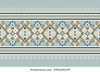 Blumenkreuz Stich-Design-Muster auf blauem Hintergrund, Vektorgrafik.Kreuzstich ethnisch-orientalisches Muster traditionell.Azteken-Stil abstrakten Hintergrund.Design für Textur, Stoff, Kleidung, Sarong.