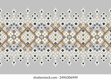 Floral Cross Stitch design pattern on grey background vector illustration.cross stitch ethnic oriental pattern traditional.Aztec style abstract background.design for texture,fabric,clothing,scarf,rug.