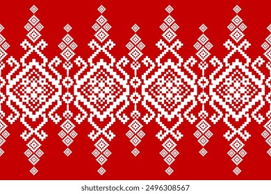 Floral Cross Stitch design pattern on red background vector illustration.cross stitch ethnic oriental pattern traditional.Aztec style abstract background.design for texture,fabric,clothing,print,scarf