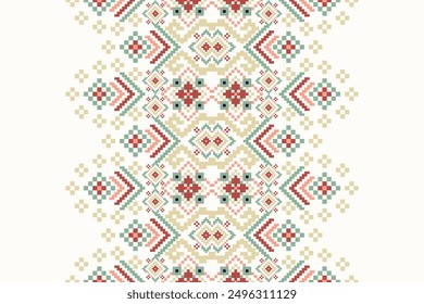 Floral Cross Stitch design pattern on white background vector illustration.cross stitch ethnic oriental pattern traditional.Aztec style abstract background.design for texture,fabric,clothing,scarf.