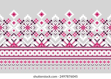Patrón de diseño de punto de cruz floral sobre fondo gris Ilustración vectorial. patrón oriental de punto de cruz. bordado étnico geométrico tradicional. diseño para textura, tela, ropa, decoración, impresión