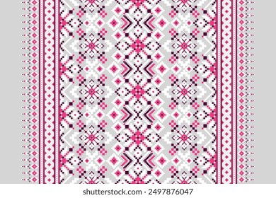 Floral Cross Stitch design pattern on grey background vector illustration.cross stitch oriental pattern.geometric ethnic embroidery traditional.design for texture,fabric,clothing,decoration,print