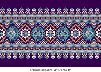 Floral Cross Stitch design pattern on purple background vector illustration.cross stitch oriental pattern.geometric ethnic embroidery traditional.design for texture,fabric,clothing,decoration,print