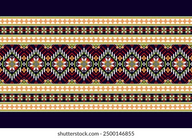 Floral Cross Stitch design pattern on black background.geometric ethnic oriental embroidery traditional.Aztec style,abstract background vector illustration.design for texture,fabric,clothing,print.