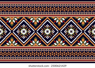 Floral Cross Stitch design pattern on black background.geometric ethnic oriental embroidery traditional.Aztec style,abstract background vector illustration.design for texture,fabric,clothing,print.