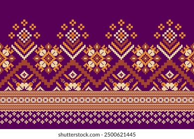Floral Cross Stitch design pattern on purple background.geometric ethnic oriental embroidery traditional.Aztec style,abstract background vector illustration.design for texture,fabric,clothing,print.