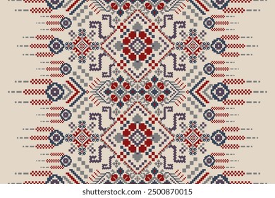 Floral Cross Stitch design pattern on brown background.geometric ethnic oriental embroidery traditional.Aztec style,abstract background vector illustration.design for texture,fabric,clothing,print.