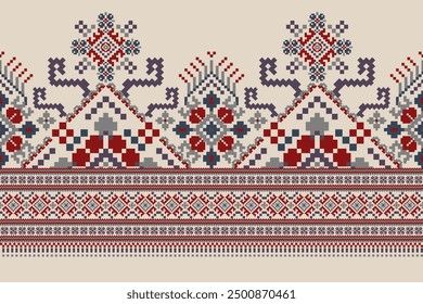 Floral Cross Stitch design pattern on brown background.geometric ethnic oriental embroidery traditional.Aztec style,abstract background vector illustration.design for texture,fabric,clothing,print.