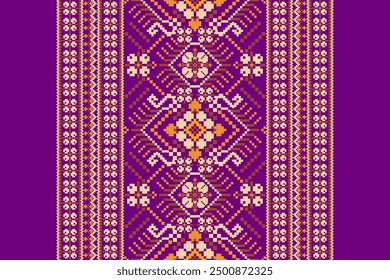 Floral Cross Stitch design pattern on purple background.geometric ethnic oriental embroidery traditional.Aztec style,abstract background vector illustration.design for texture,fabric,clothing,print.