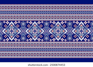 Floral Cross Stitch design pattern on n blue background.geometric ethnic oriental embroidery traditional.Aztec style,abstract background vector illustration.design for texture,fabric,clothing,print.