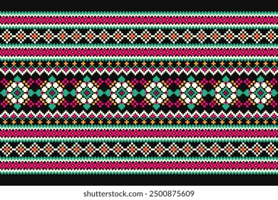 Floral Cross Stitch design pattern on black background.geometric ethnic oriental embroidery traditional.Aztec style,abstract background vector illustration.design for texture,fabric,clothing,print.