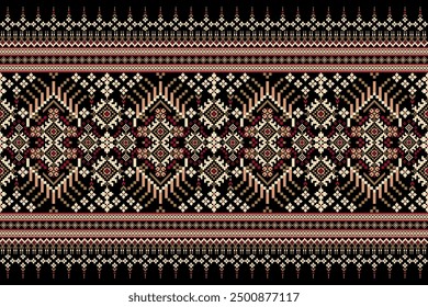 Floral Cross Stitch design pattern on n black background.geometric ethnic oriental embroidery traditional.Aztec style,abstract background vector illustration.design for texture,fabric,clothing,print.