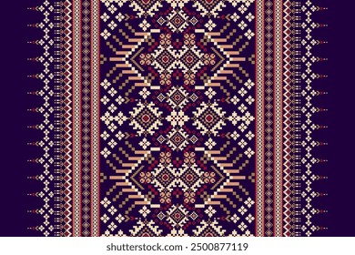 Floral Cross Stitch design pattern on purple  background.geometric ethnic oriental embroidery traditional.Aztec style,abstract background vector illustration.design for texture,fabric,clothing,print