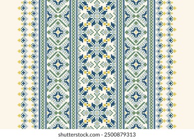 Floral Cross Stitch design pattern on white background.geometric ethnic oriental embroidery traditional.Aztec style,abstract background vector illustration.design for texture,fabric,clothing,print.