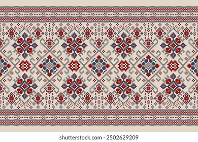 Floral Cross Stitch design pattern on brown background.geometric ethnic oriental embroidery traditional.Aztec style,abstract background vector illustration.design for texture,fabric,clothing,print.