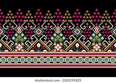 Floral Cross Stitch design pattern on black background.geometric ethnic oriental embroidery traditional.Aztec style,abstract background vector illustration.design for texture,fabric,clothing,print.