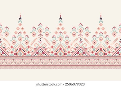 Floral Cross Stitch design pattern on white background.geometric ethnic oriental embroidery traditional.Aztec style,abstract background vector illustration.design for texture,fabric,clothing,print.