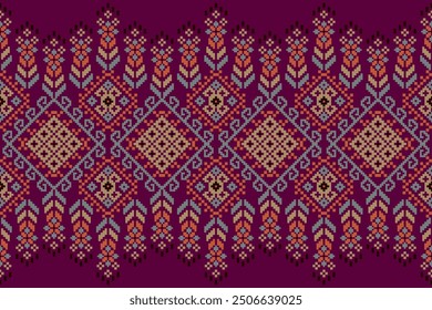 Floral Cross Stitch design pattern on purple background.geometric ethnic oriental embroidery traditional.Aztec style,abstract background vector illustration.design for texture,fabric,clothing,print.
