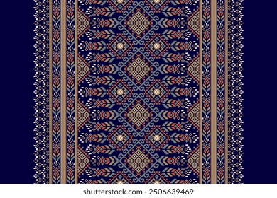 Floral Cross Stitch design pattern on navy blue background.geometric ethnic oriental embroidery traditional.Aztec style,abstract background vector illustration.design for texture,fabric,clothing,print