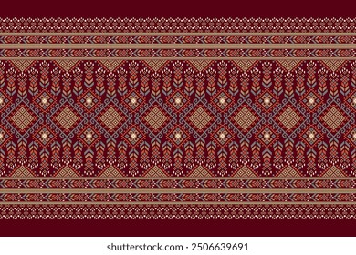 Patrón de diseño de puntada cruzada floral sobre fondo rojo. Bordado étnico oriental geométrico tradicional. Estilo azteca, Ilustración vectorial de fondo abstracto. Diseño para textura, tela, ropa, impresión, saree