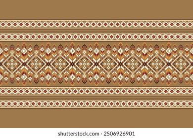 Blumenkreuz Stich-Design-Muster auf braunem Hintergrund.geometrische ethnisch-orientalische Stickerei traditionellen.Aztec Stil, abstrakte Hintergrund, Vektorgrafik.Design für Textur, Stoff, Kleidung, Druck.
