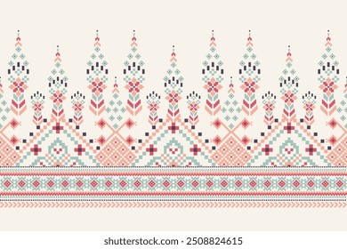 Floral Cross Stitch design pattern on white background.geometric ethnic oriental embroidery traditional.Aztec style,abstract background vector illustration.design for texture,fabric,clothing,print.