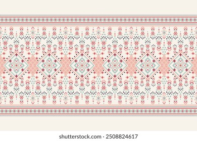 Floral Cross Stitch design pattern on white background.geometric ethnic oriental embroidery traditional.Aztec style,abstract background vector illustration.design for texture,fabric,clothing,print