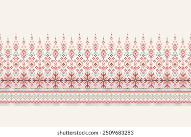 Floral Cross Stitch design pattern on white background.geometric ethnic oriental embroidery traditional.Aztec style,abstract background vector illustration.design for texture,fabric,clothing,print.