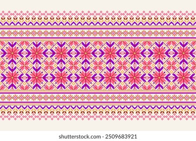 Floral Cross Stitch design pattern on white background.geometric ethnic oriental embroidery traditional.Aztec style,abstract background vector illustration.design for texture,fabric,clothing,print