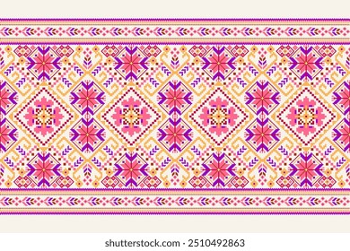 Floral Cross Stitch design pattern on white background.geometric ethnic oriental embroidery traditional.Aztec style,abstract background vector illustration.design for texture,fabric,clothing,print.