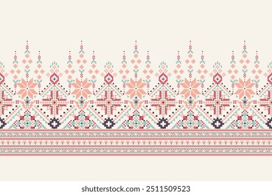 Floral Cross Stitch design pattern on white background.geometric ethnic oriental embroidery traditional.Aztec style,abstract background vector illustration.design for texture,fabric,clothing,print