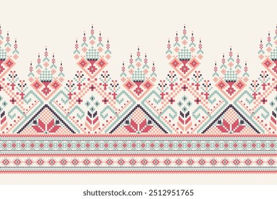 Floral Cross Stitch design pattern on white background.geometric ethnic oriental embroidery traditional.Aztec style,abstract background vector illustration.design for texture,fabric,clothing,print