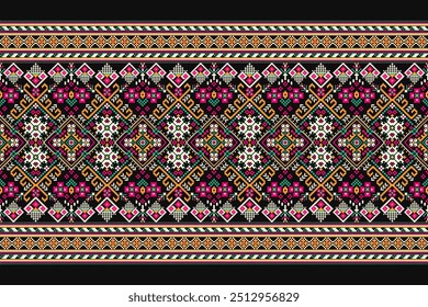 Floral Cross Stitch design pattern on black background.geometric ethnic oriental embroidery traditional.Aztec style,abstract background vector illustration.design for texture,fabric,clothing,print.