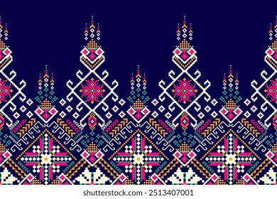 Floral Cross Stitch design pattern on navy blue background.geometric ethnic oriental embroidery traditional.Aztec style,abstract background vector illustration.design for texture,fabric,clothing,print