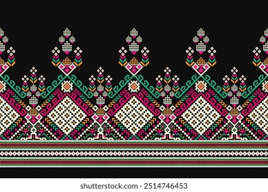 Floral Cross Stitch design pattern on black background.geometric ethnic oriental embroidery traditional.Aztec style,abstract background vector illustration.design for texture,fabric,clothing,print.