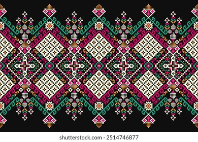 Floral Cross Stitch design pattern on  black background.geometric ethnic oriental embroidery traditional.Aztec style,abstract background vector illustration.design for texture,fabric,clothing,print.