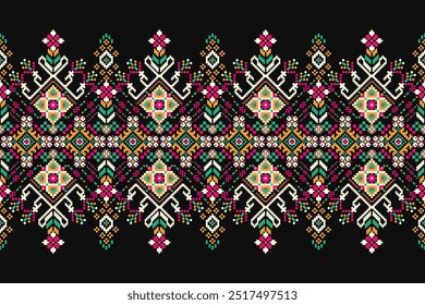 Floral Cross Stitch design pattern on black background.geometric ethnic oriental embroidery traditional.Aztec style,abstract background vector illustration.design for texture,fabric,clothing,print.