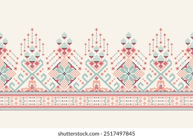 Floral Cross Stitch design pattern on white background.geometric ethnic oriental embroidery traditional.Aztec style,abstract background vector illustration.design for texture,fabric,clothing,print.