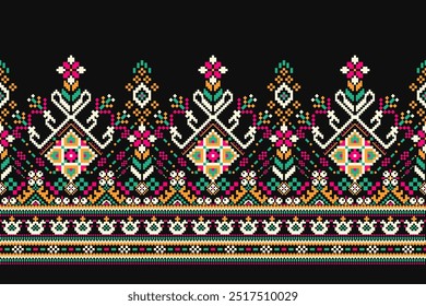 Floral Cross Stitch design pattern on black background.geometric ethnic oriental embroidery traditional.Aztec style,abstract background vector illustration.design for texture,fabric,clothing,print.